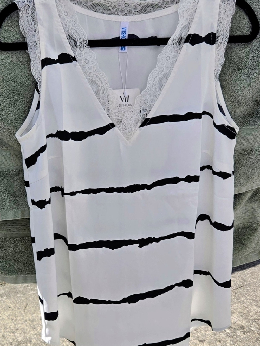 White Lace Trim Striped V-Neck Tank Top by VIISHOW